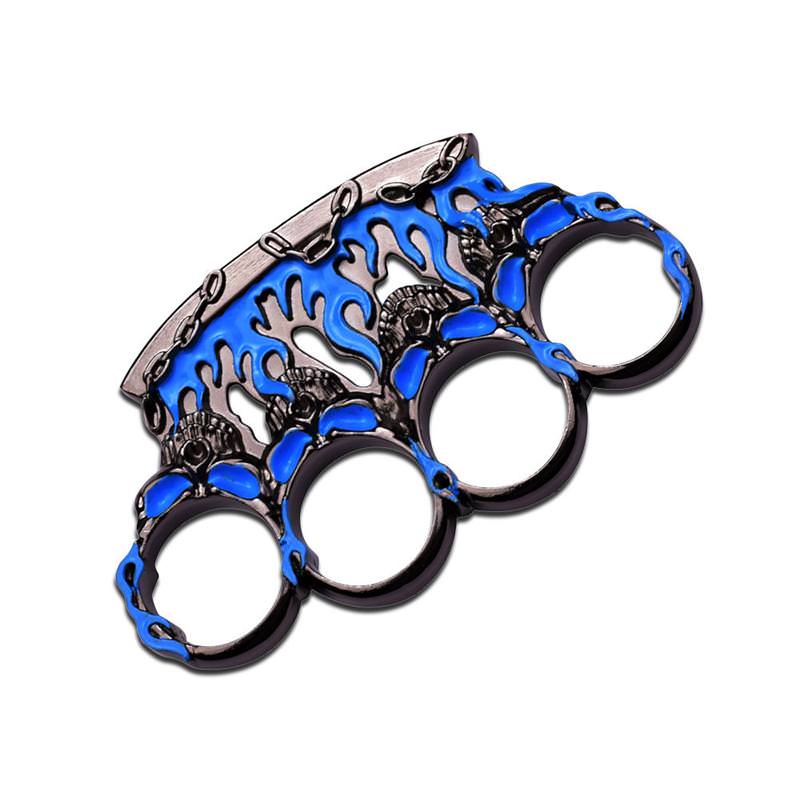 Blue and Gunmetal Flame Skull Knuckle Paperweight - Tophatter's Army Products & Self Defense Collectible Weapons - Tophatter Daily Deals